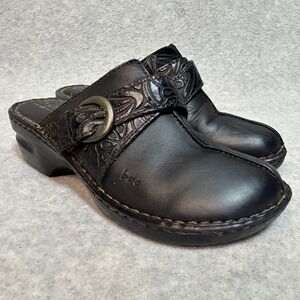 BOC Born Concepts Black‎ Leather Embossed Buckle Clog Mule Shoes Women Size 9